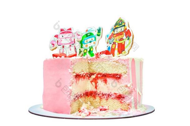 生日蛋糕和描画的装饰为孩子.粉红色的美味的
