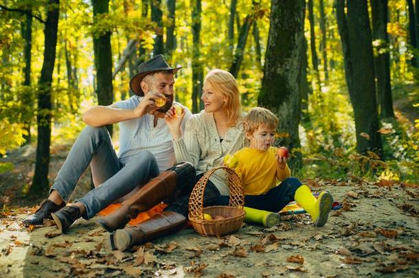 野餐郊游采用自然.假期和旅游观念.幸福的家庭机智