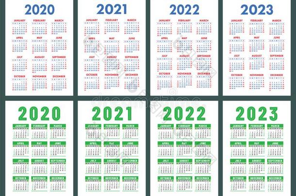 日历2020,2021,2022和2023.英语颜色放置.垂直的