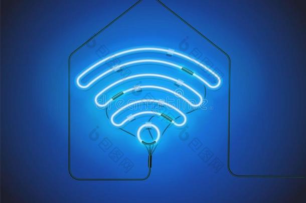 氖符号.制动火箭蓝色氖符号WirelessFidelity基于IEEE802.11b标准的无线局域网热点向房屋轮廓