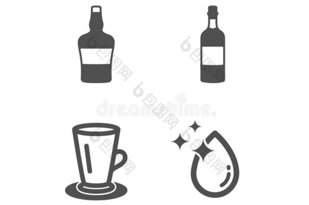 扑灭瓶子,白兰地酒瓶子和茶杯偶像.水落下符号.