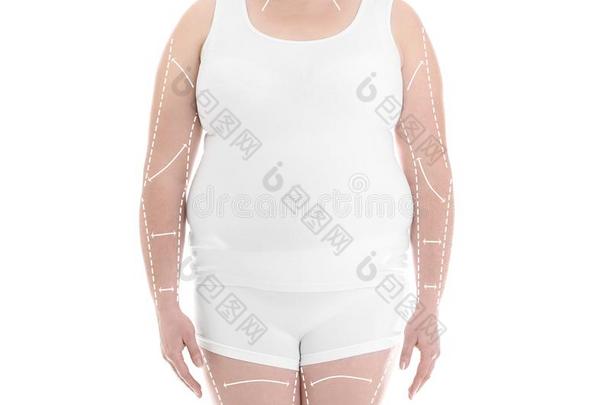 超重的女人向白色的背景.重量损失