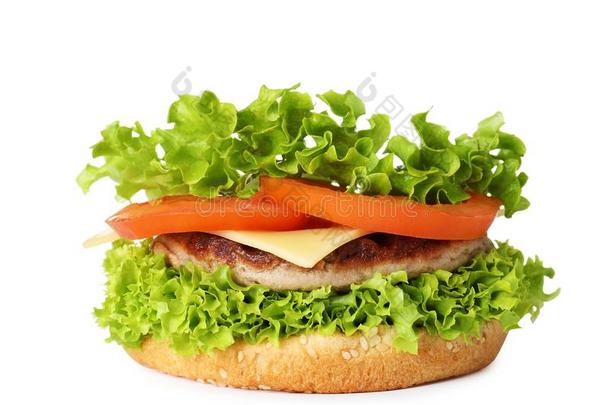 汉堡包圆形的小面包或点心和肉片和蔬菜向白色的