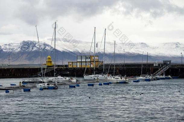 渔夫海港和小船采用湾向冰冷的海水采用雷克雅未