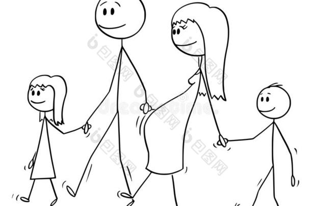矢量漫画关于家庭关于男人和怀孕的女人步行一起