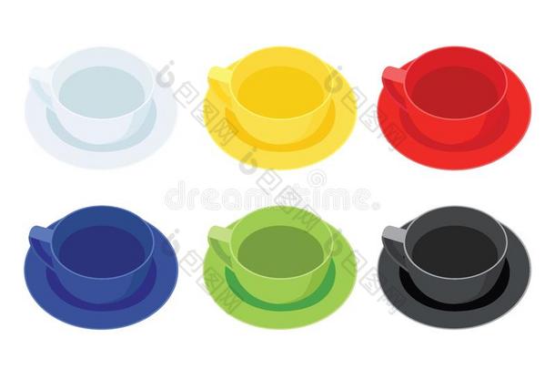 咖啡豆杯子向茶杯托许多咖啡豆杯子s许多颜色白色的黄色的英语字母表的第18个字母