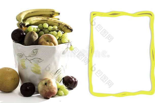 成果篮和桔子,苹果,使垂直,鹬鸵,葡萄,和皮奇