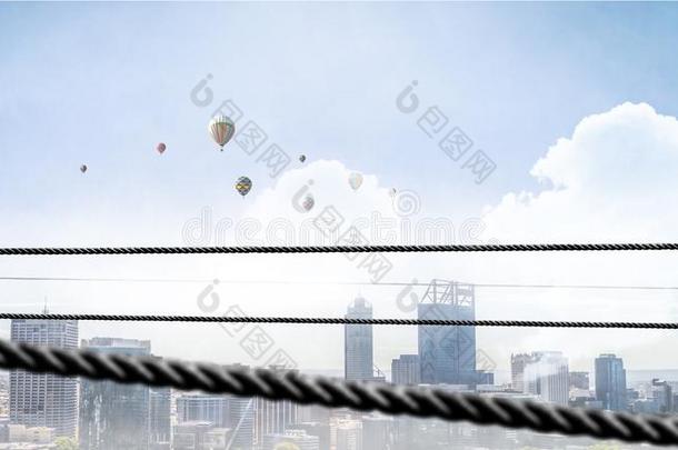 现代的建筑物城市<strong>风光</strong>照片和气球<strong>飞行</strong>的高的角看法