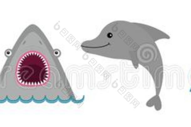 海洋动物动物群偶像放置线条.蓝色鲸,锯鲨,线偏振度