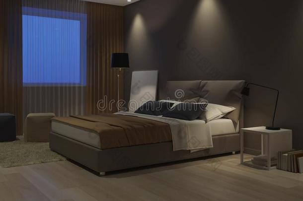 现代的房屋内部.卧室设计采用暖和的音.