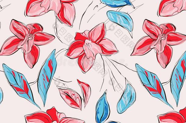 植物学的夏兰花红色的蓝色照片.矢量艺术.重复