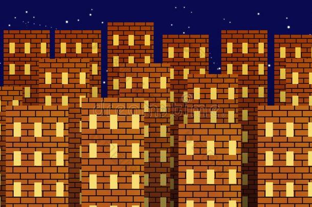大都市关于红色的砖建筑物在夜.