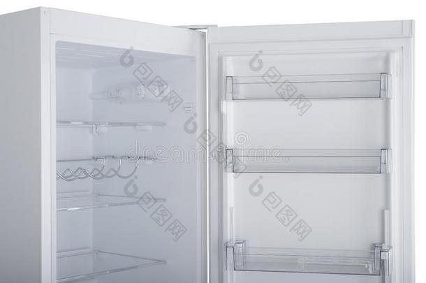 冰箱隔离的向白色的背景.现代的厨房和aux.构成疑问句和否定句