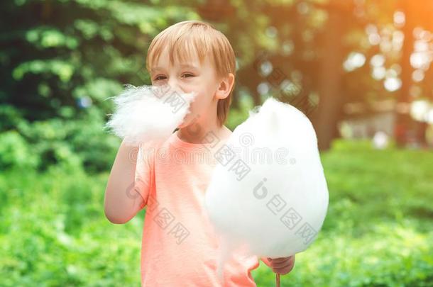 幸福的小孩吃棉糖果.漂亮的小的男孩在户外.幸福的