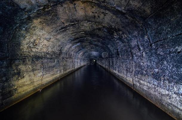 黑暗的被水淹的具体的拱状的排水我的隧道