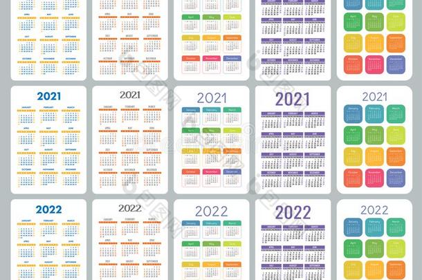 日历2020,<strong>2021</strong>,2022年.富有色彩的矢量放置.一星期开始