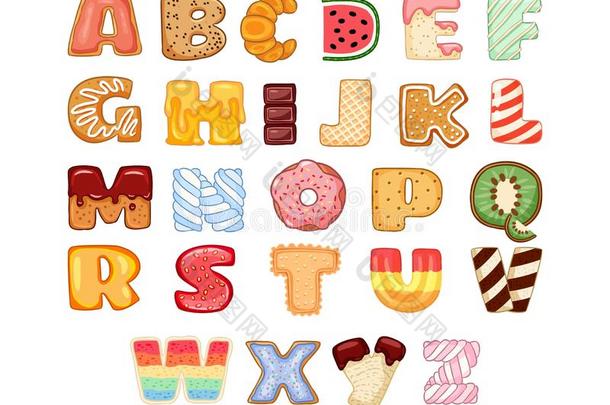 放置关于美味的字母表文学.美味的,甜的,油炸圈饼,甜饼干