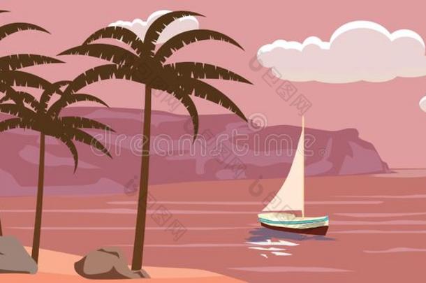 海景画,帆船,手掌树,矢量说明,漫画猪圈