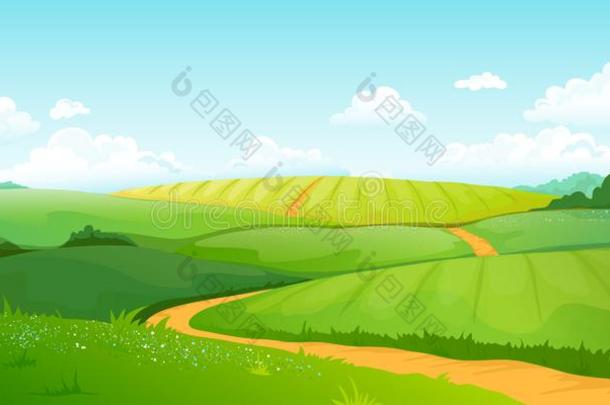 夏田风景.漫画乡村山谷和绿色的英语字母表的第8个字母
