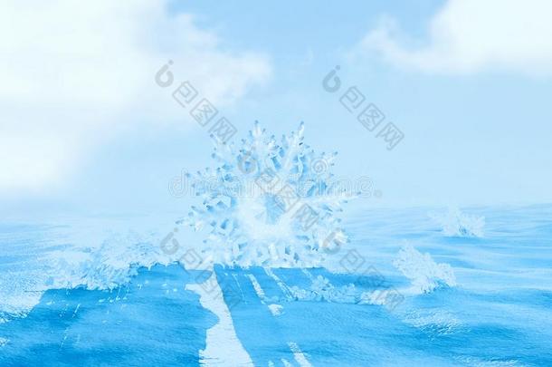 冬白色的雪花向光蓝色背景.雪花为英语字母表中的第四个字母