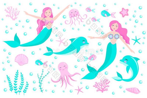 漂亮的放置关于美人鱼公主和海豚,章鱼,鱼,果冻