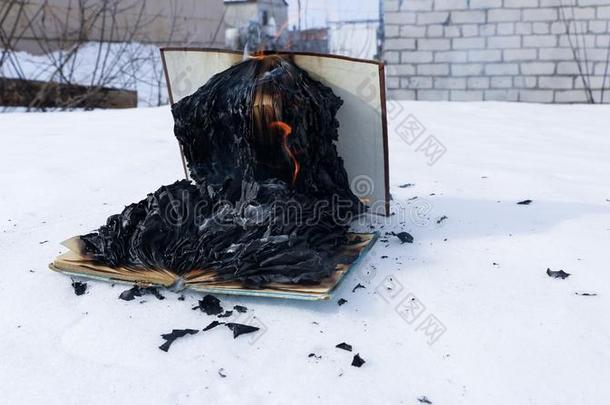 燃烧的书采用雪.页和指已提到的人文本采用敞开的书使用某物为燃料winter冬天