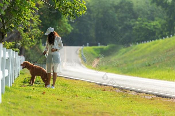 亚洲人生活方式女人步行这样幸福的和金色的寻猎物犬feelingrouginside内心粗暴感