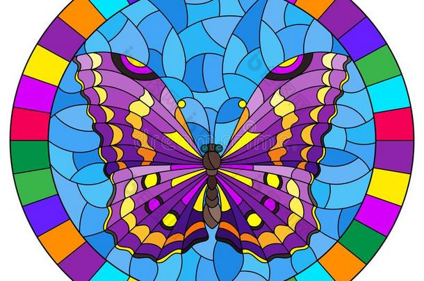 玷污的玻璃说明和明亮的紫色的蝴蝶向蓝色