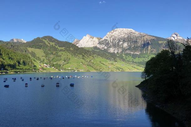 小船向阿尔卑斯山的湖瓦吉塔尔或称重,内塔尔