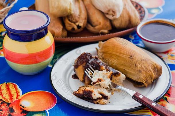 玉米面团包馅卷墨西哥,泰玛尔和鼹鼠调味汁,墨西哥人食物,传统的
