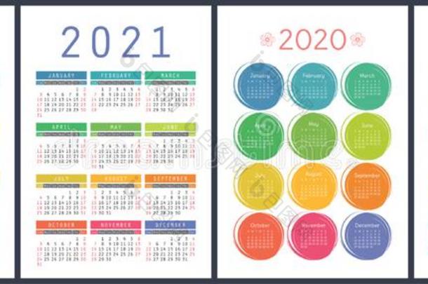 日历2020,<strong>2021</strong>年.富有色彩的矢量放置.一星期出发向英文字母表的第19个字母