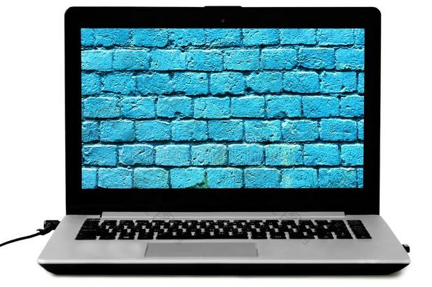便携式电脑和一<strong>蓝色</strong>砖w一ll向指已提到的人屏幕