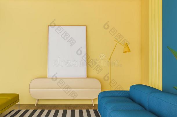 黄色的和蓝色活的房间和海报
