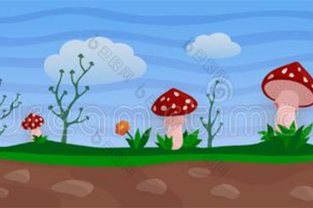 有趣的幻想风景和红色的蘑菇村民