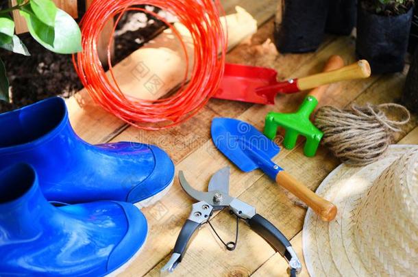 园艺工具向木制的板和修枝大剪刀粗绳橡胶