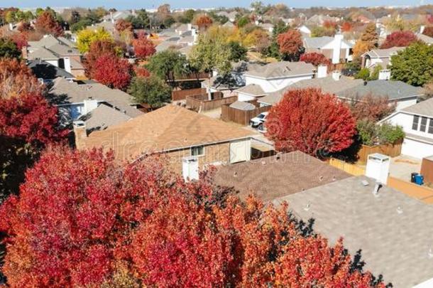 全景的空气的关-在上面富有色彩的住宅在的时候落下季节采用