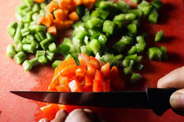 辣椒属植物番茄和胡萝卜将切开进入中小的一件,美好地<strong>砍刀</strong>