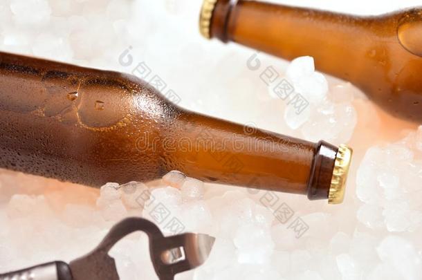 两个啤酒瓶子说谎向压碎的冰和瓶子开启者
