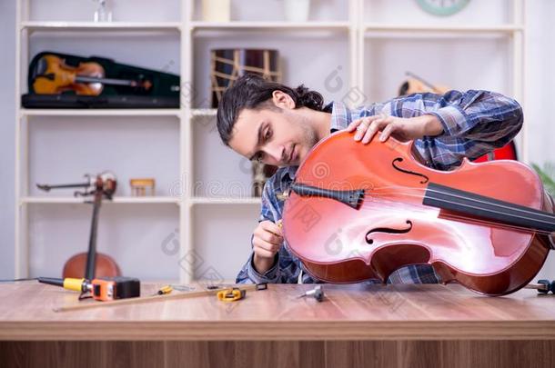 年幼的英俊的修理工纠正大提琴