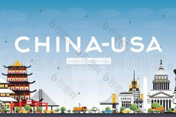 中国和美利坚合众国地平线和灰色建筑物和蓝色天.著名的英语字母表的第12个字母