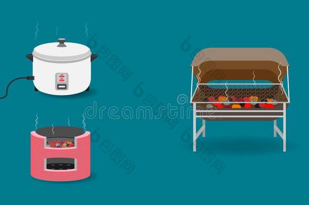 放置关于<strong>厨房设备</strong>和油箱烤面包片机木炭稻炊具.