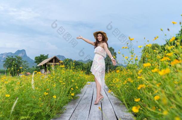 女人和臂凸起的向木制的桥和黄色的宇宙花