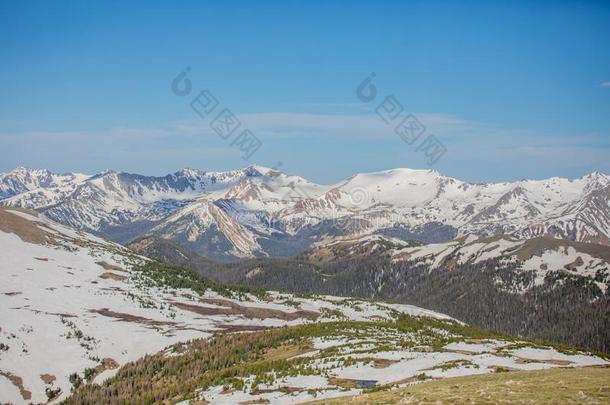 绿色的草地和下雪的山向一夏D一y采用多岩石的Mount一