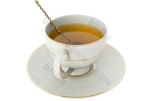 古老的白色的瓷杯子和茶水,金茶水勺向白色的.3