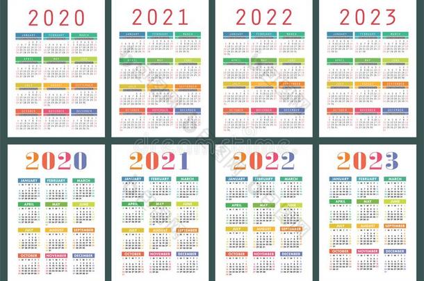 日历2020,2021,2022和2023.英语颜色矢量放置.Venezuela委内瑞拉