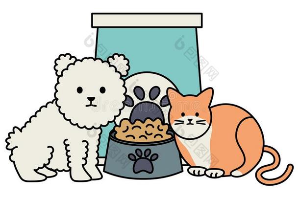 漂亮的猫和<strong>狗吉祥物</strong>和食物袋和盘