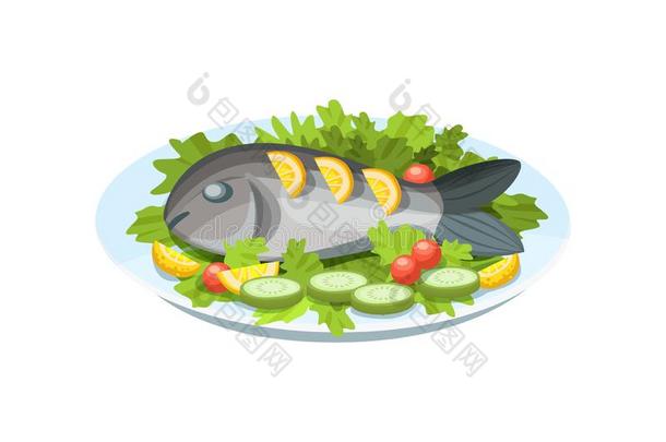 美味的盘-纤弱的鱼肉,和绿叶蔬菜,柠檬和植物