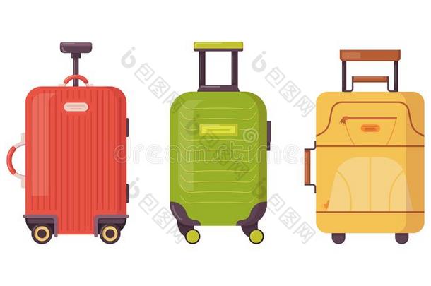 放置关于塑料制品,金属和皮手提箱,行李案例.