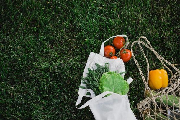 生态的零度浪费稻草购物袋和蔬菜替身