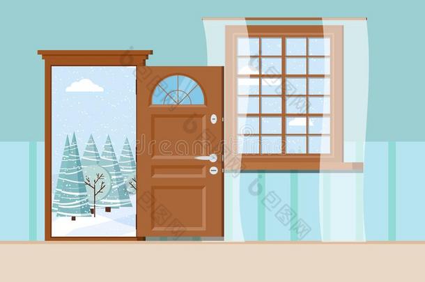 木制的敞开的入口门和窗和美丽的看法关于winter冬天